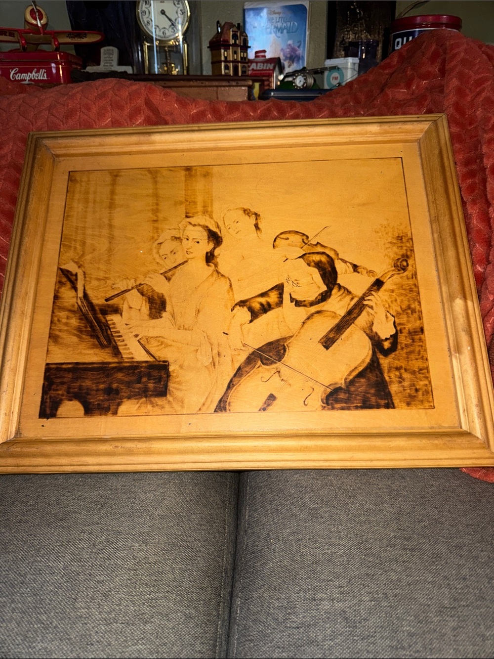 Hand-Burned Wood Folk Art Panel |Classical Orchestra Musicians Piano Cello Flute